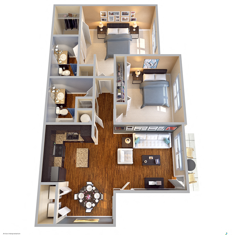 Floor plan for 2 beds, 2 baths, 870 sqft
